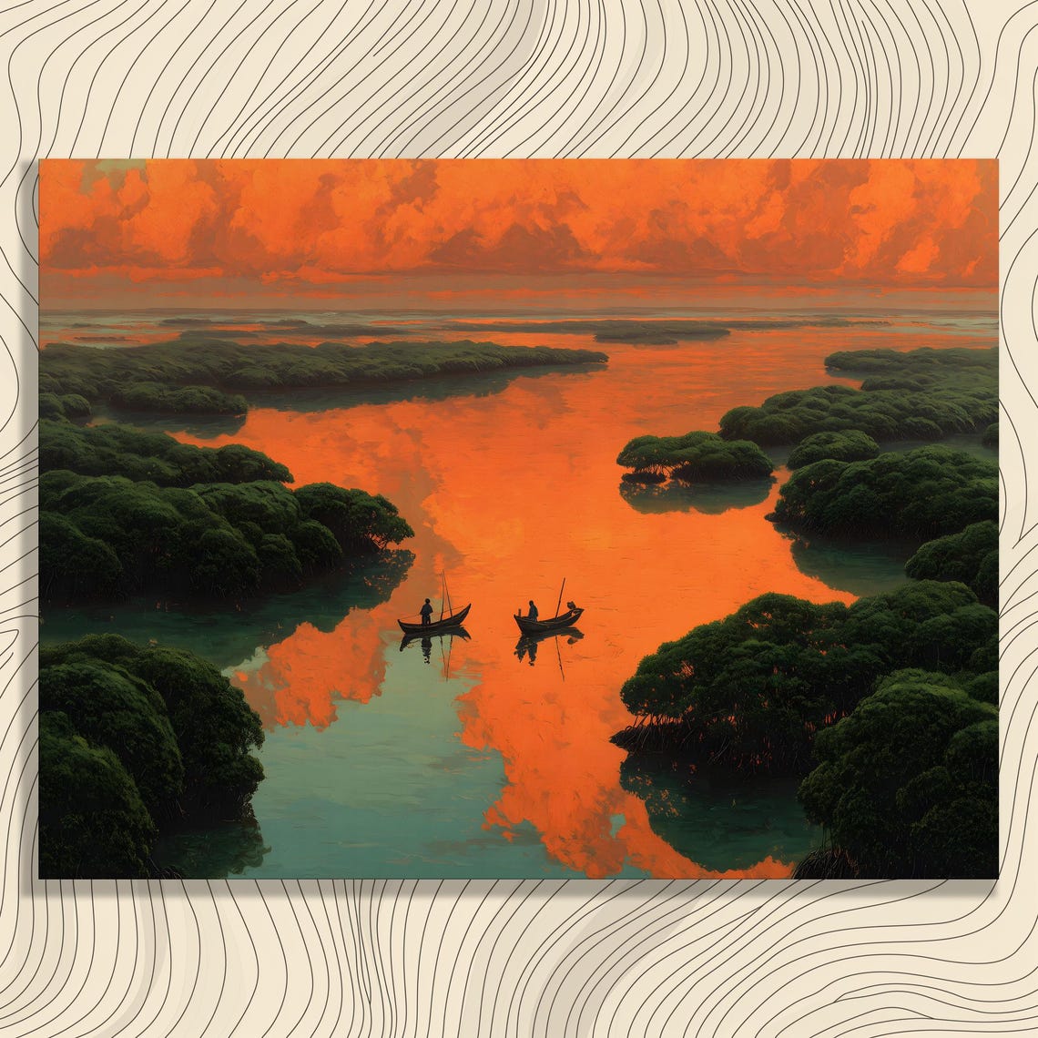 Fiery Orange Sunset Mangrove Wetland Fishermen Boats Art Poster