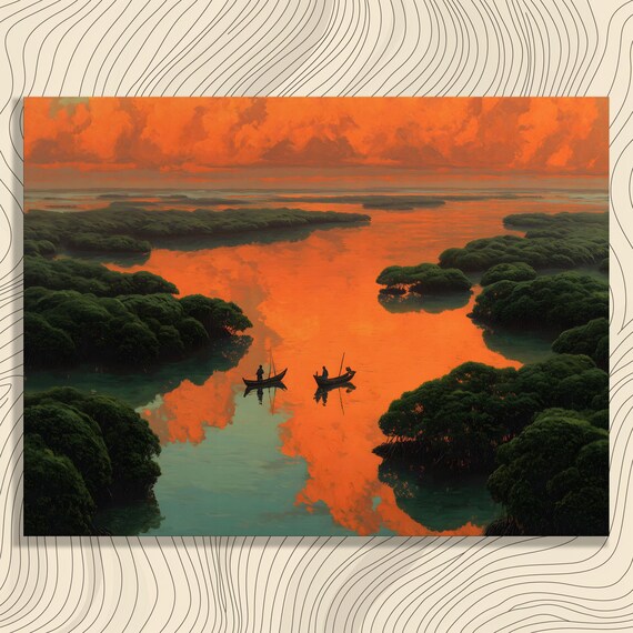 Fiery Orange Sunset Mangrove Wetland Fishermen Boats Art Poster