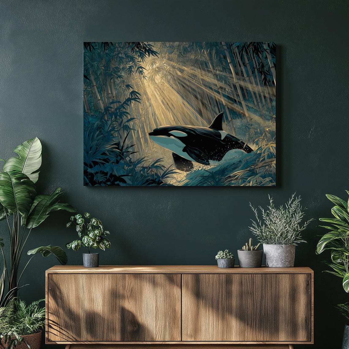 Orca Whale in Sunlit Bamboo Forest Surreal Wildlife Art Poster