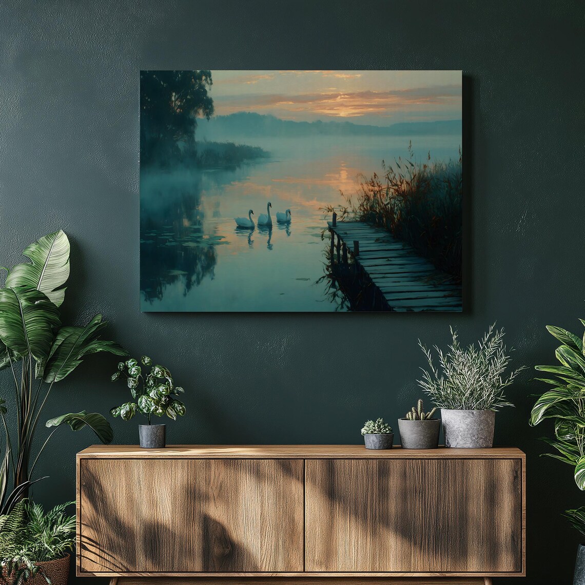 Swans On Misty Lake At Sunrise Poster With Wooden Dock And Reeds Art