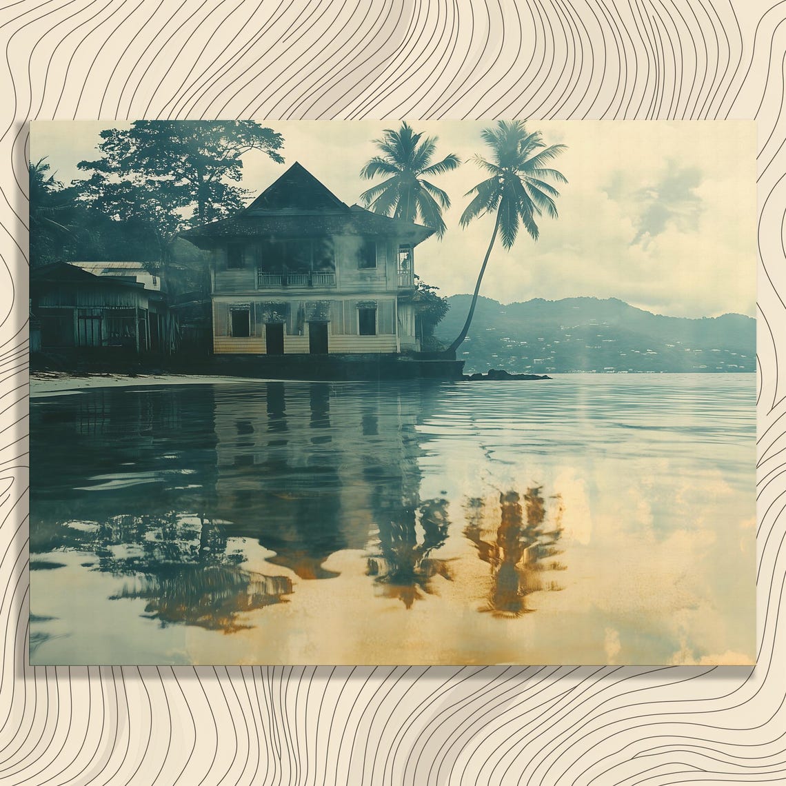 Tropical Island House Palm Trees Calm Water Reflection Vintage Print
