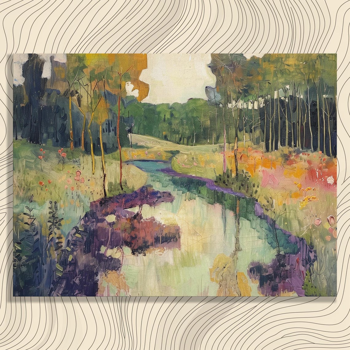 Bog Wetlands Impressionist River Meadow Wildflowers Art Poster