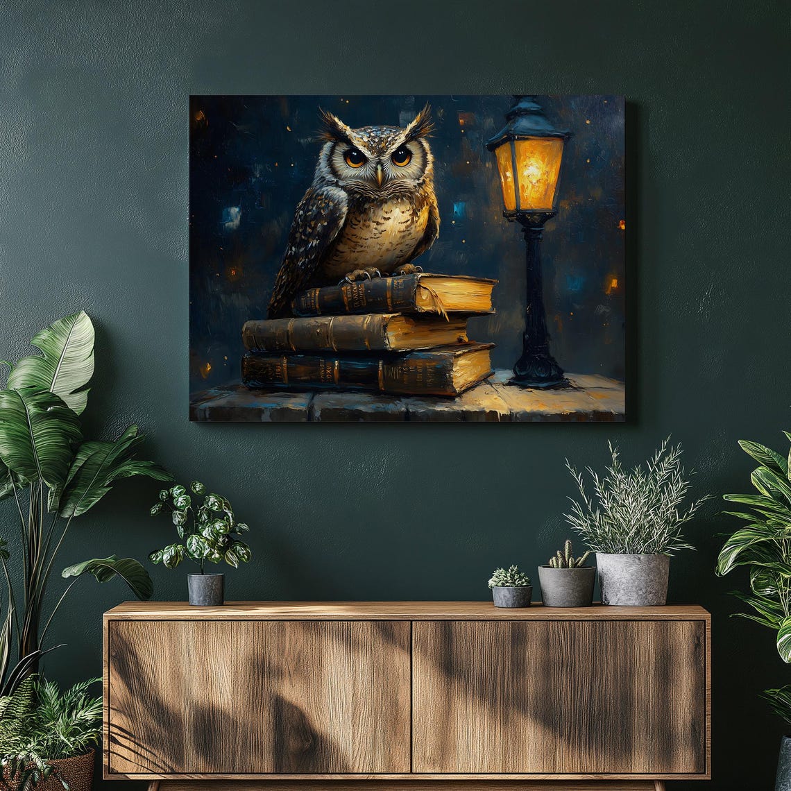 Owl on Books Moody Night Street Lamp Painting Wise Owl Artwork Poster