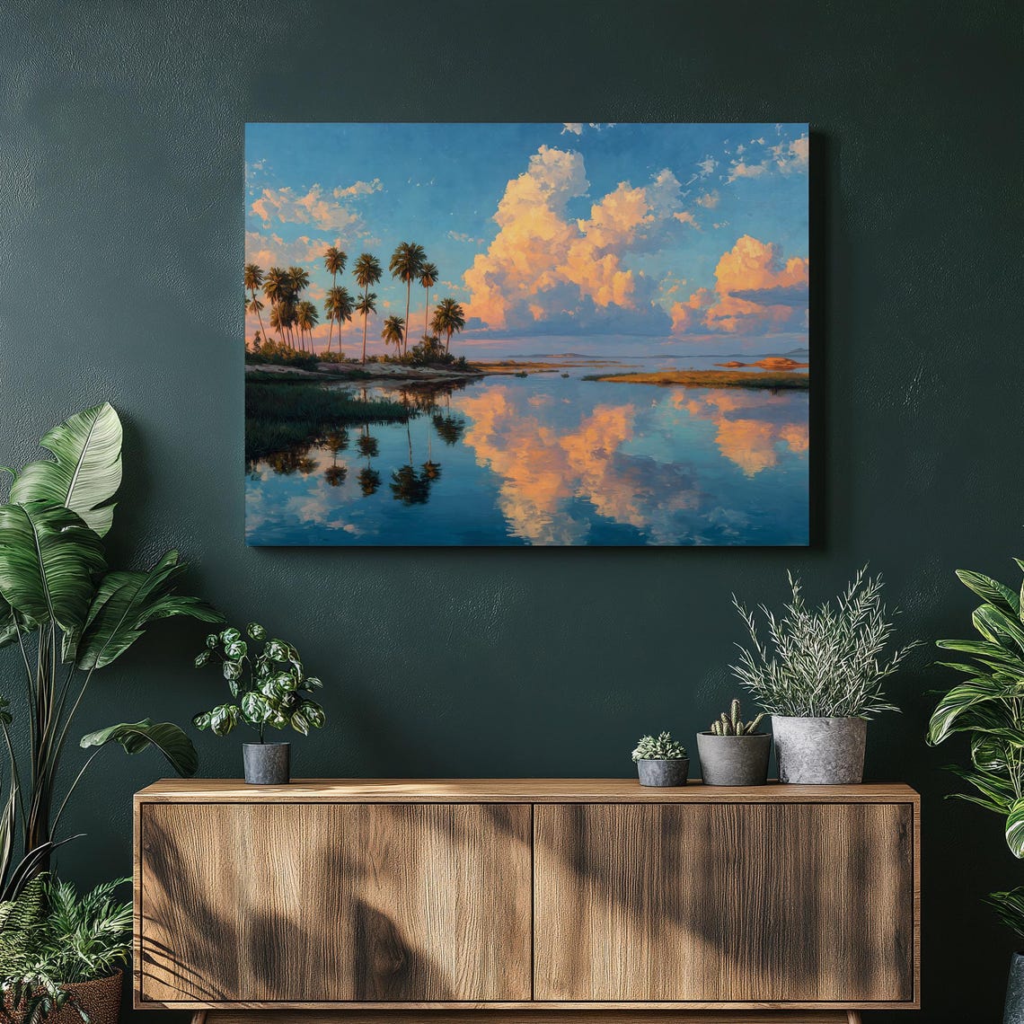 Palm Trees Lagoon Sunset Cloud Reflection Tropical Art Poster