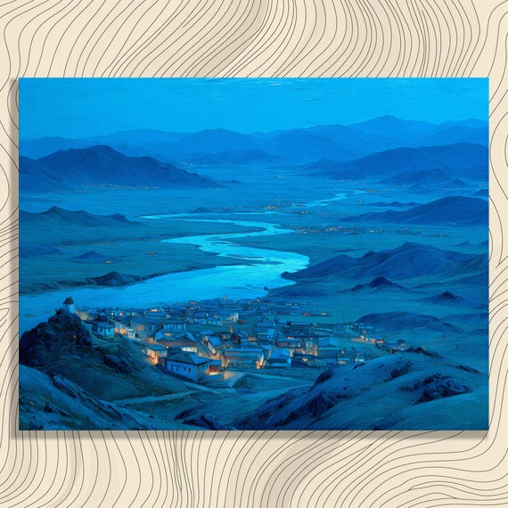 Serene River Village Canvas Wall Art Blue Twilight Mountain Valley Landscape Scene With Lights Rustic Decor For Home Nature Print