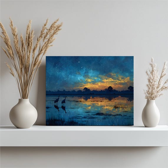 Starry Night Marsh Cranes Twilight Wetland Reflection Impressionist Poster