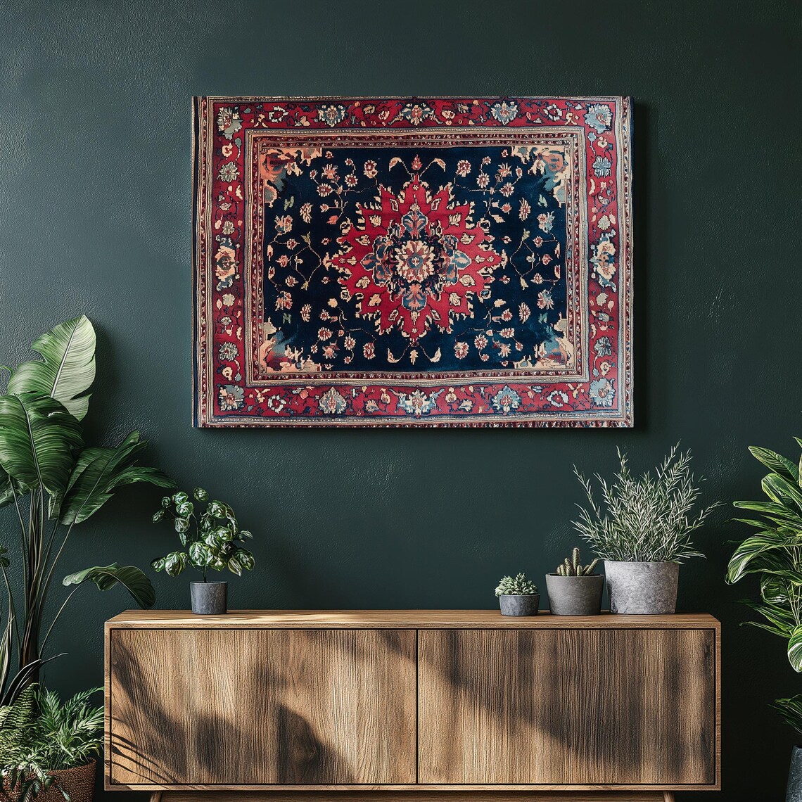 Turkish Anatolian Rug Medallion Ornate Red Navy Tapestry Wall Art