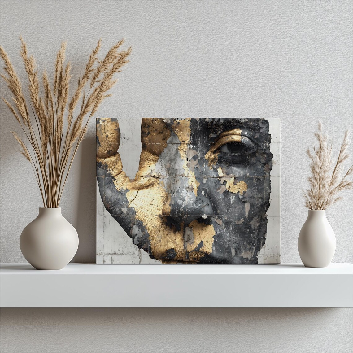 Abstract Gold Face Surreal Cracked Texture Black Contemporary Portrait Poster