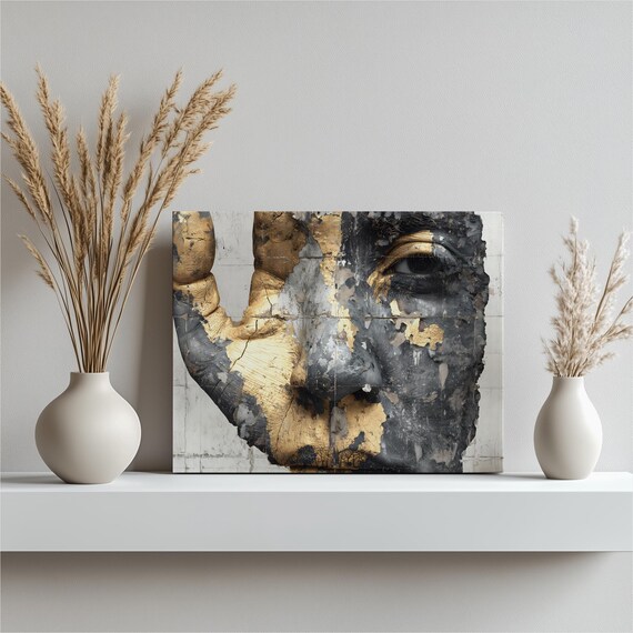 Abstract Gold Face Canvas Wall Art Surreal Portrait In Black And With Metallic Texture Cracked Surface Contemporary Artwork Print