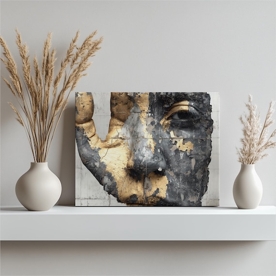Abstract Gold Face Surreal Cracked Texture Black Contemporary Portrait Poster