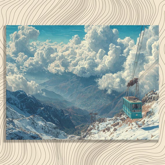 Himalayan Cable Car Canvas Wall Art Snowy Mountain Landscape With Gondola Lift And Dramatic Clouds