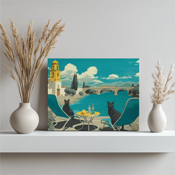 Black Cats Riverside Canvas Wall Art Mediterranean Village View Sunlit Bridge Retro Style Turquoise Decor Feline Illustration