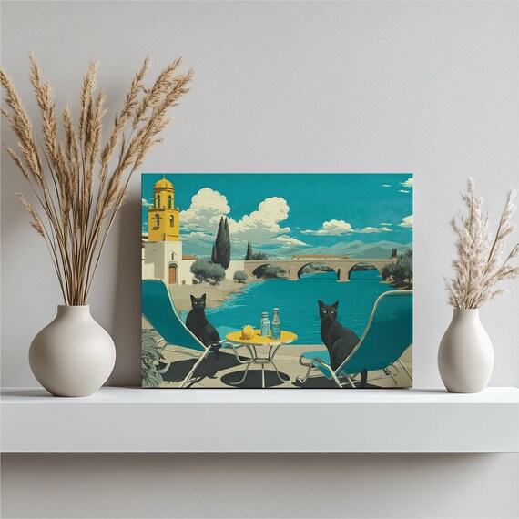 Two Black Cats Lounging Riverside Sunny Village River Poster