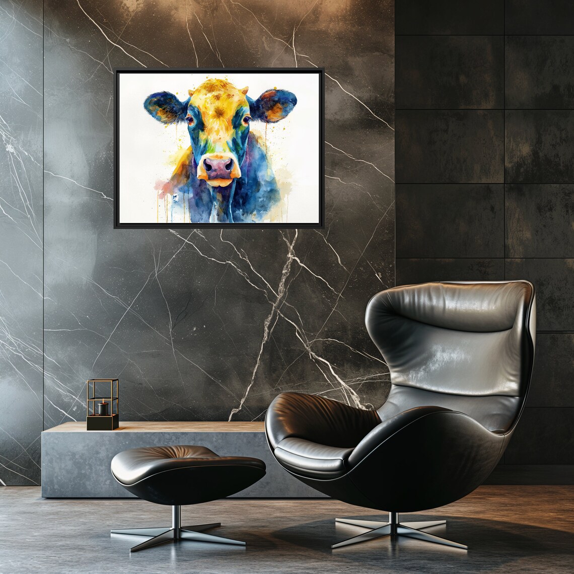 Colorful Cow Portrait Yellow Blue Watercolor Farm Art Poster