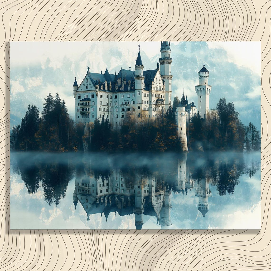 Fairytale Castle Misty Lake Mirror Reflection Mountain View Poster