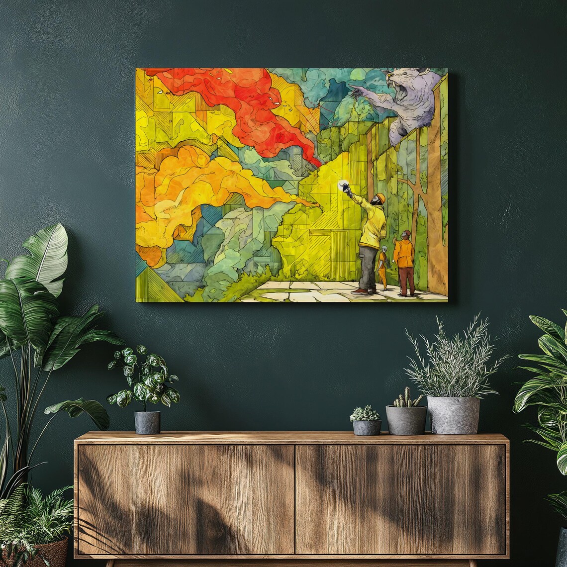 Surreal Forest Explorer Canvas Wall Art Abstract Geometric Fantasy Print With Saber Tooth Cat Colorful Clouds Painting Decor Gift