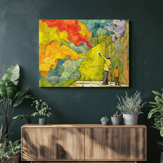 Surreal Geometric Explorer Canyon Swirling Crimson Smoke Art Poster