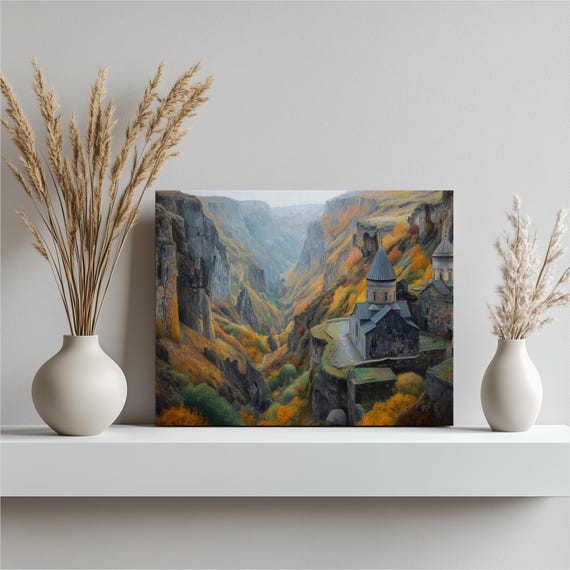 Armenian Monastery Canvas Wall Art Autumn Canyon Landscape Print Mountain Decor Fall Foliage Gorge Nature Poster