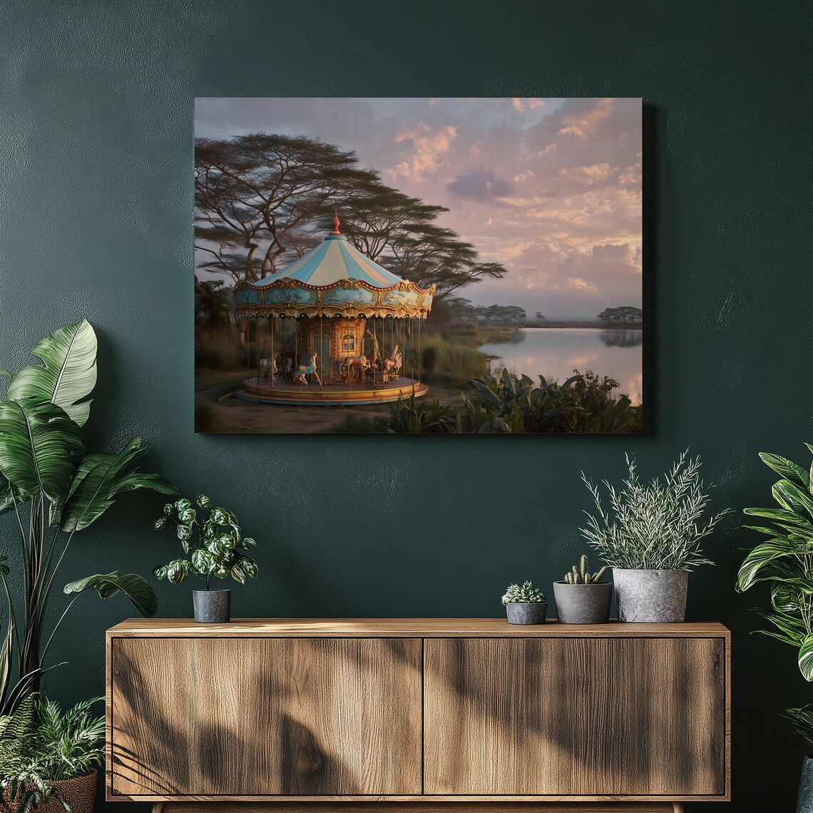Carousel by the River at Dusk Surreal Vintage Carnival Art Poster