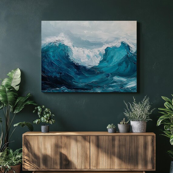 Deep Blue Abstract Ocean Wave Painting Coastal Decor Art Poster