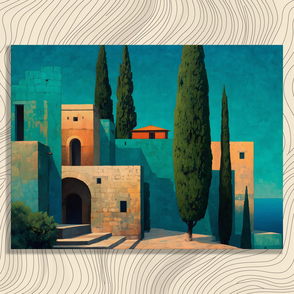 Serene Mediterranean Town Cypress Trees Teal Stone Village Wall Art