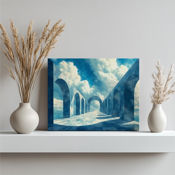 Surreal Sky Arches Poster Geometric Corridor Blue Cloudscape Dreamy Wall Decor