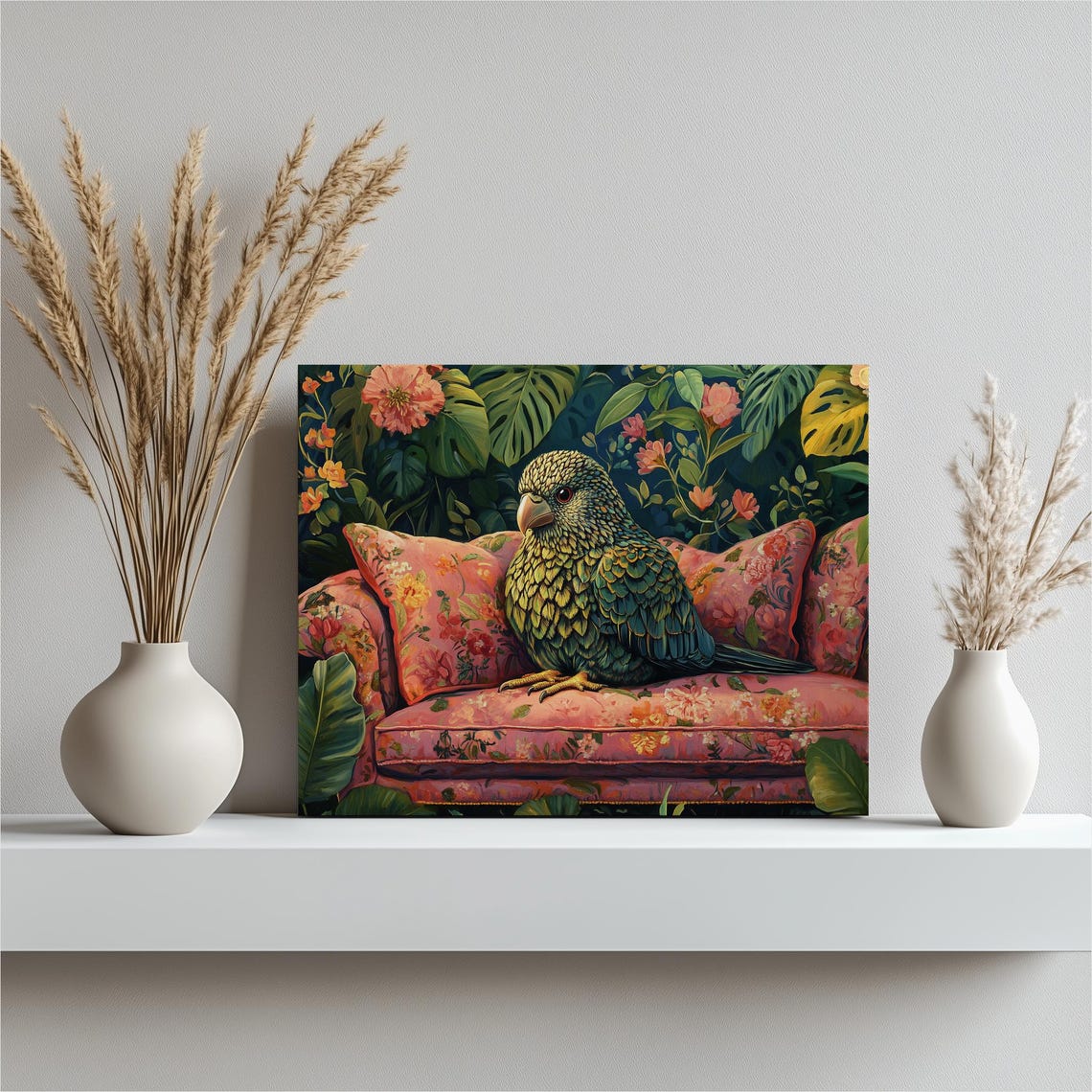 Kakapo Parrot On Floral Sofa Lush Jungle Leaves Whimsical Wall Poster