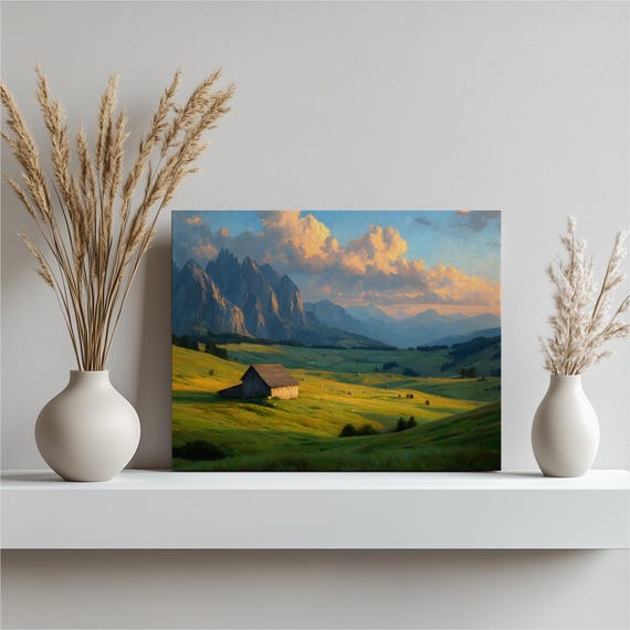 Mountain Barn Landscape Canvas Wall Art Rolling Hills Green Meadow Hay Bales Sunset Sky Wooden Rustic Farmhouse Decor Valley View