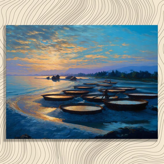 Tropical Sunrise Seascape Canvas Wall Art Coastal Decor Beach Scenery Sunset Over Ocean Boat Scene Reflective Water Quiet Fishing Harbor