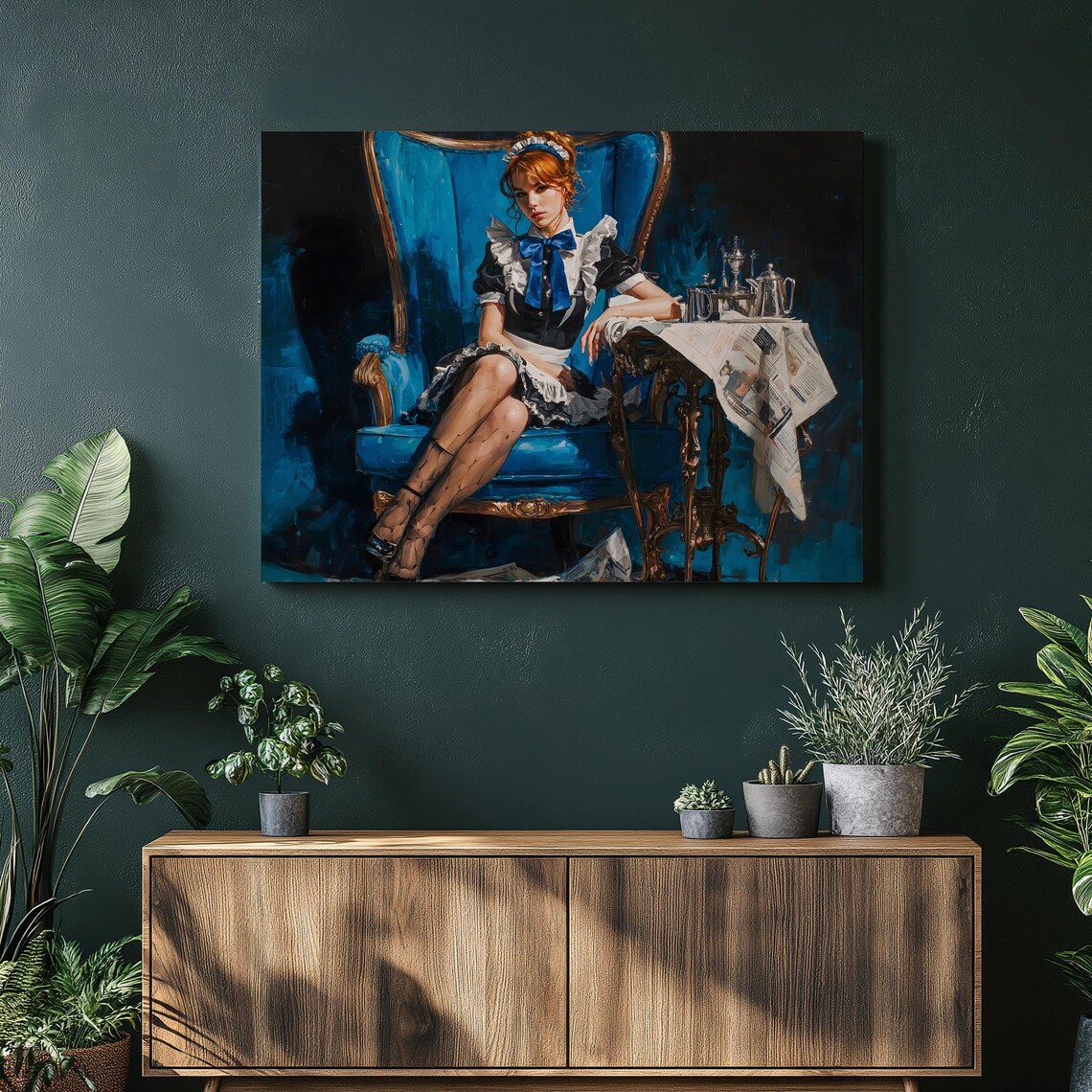 French Maid Blue Velvet Armchair Baroque Oil Painting Poster