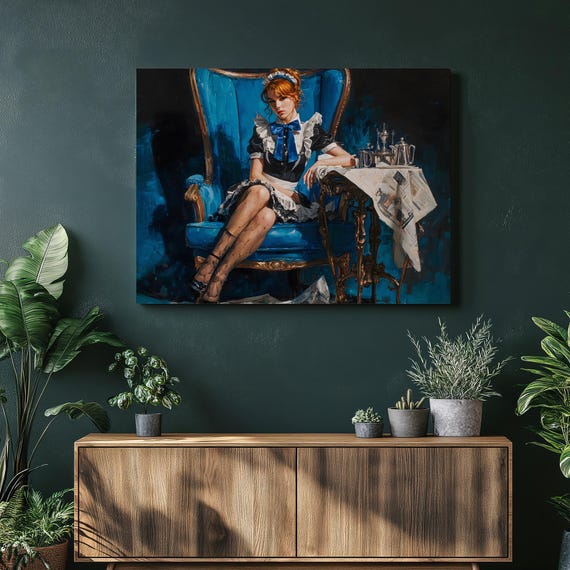 French Maid Canvas Wall Art Blue Velvet Armchair Tea Set Modern Baroque Style Painting Luxury Print Portrait Vintage Decor Gift Lovers