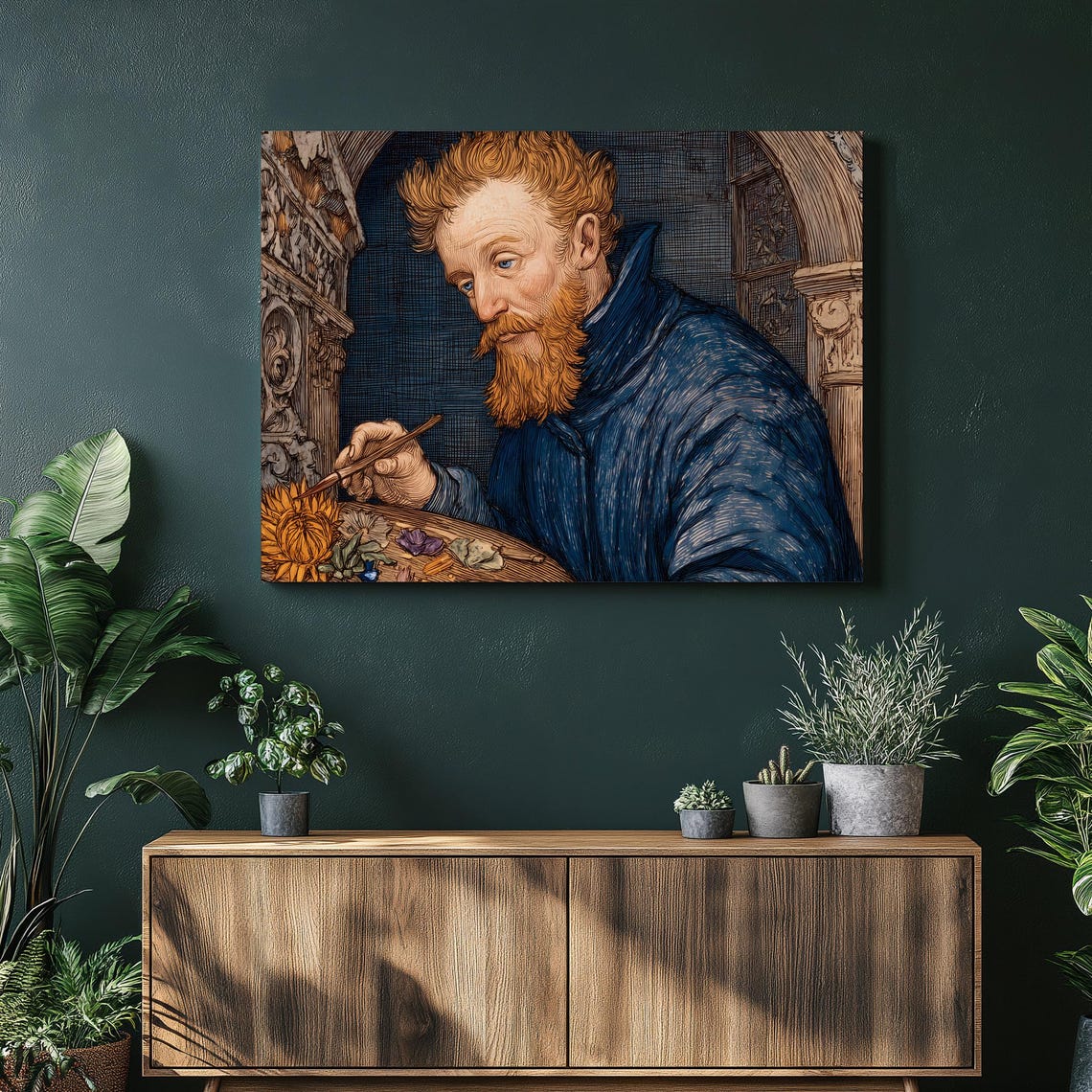Red Bearded Painter with Flowers Van Gogh Style Classical Art Poster