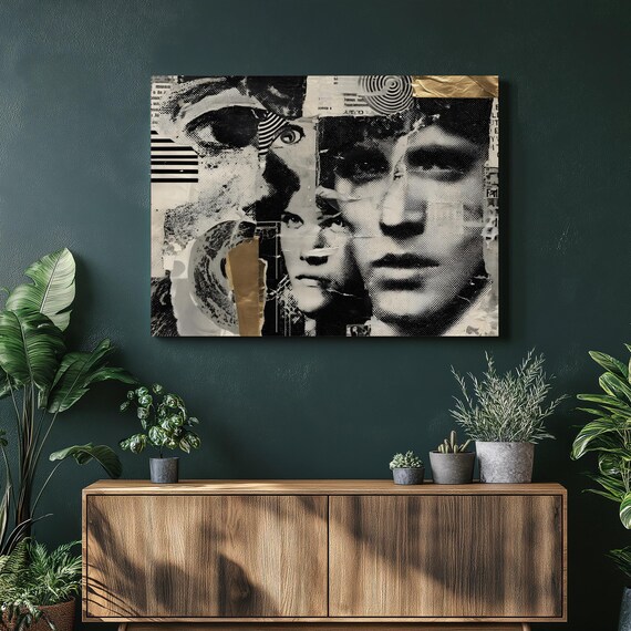 Abstract Portrait Collage Black And White Gold Leaf Accent Wall Art