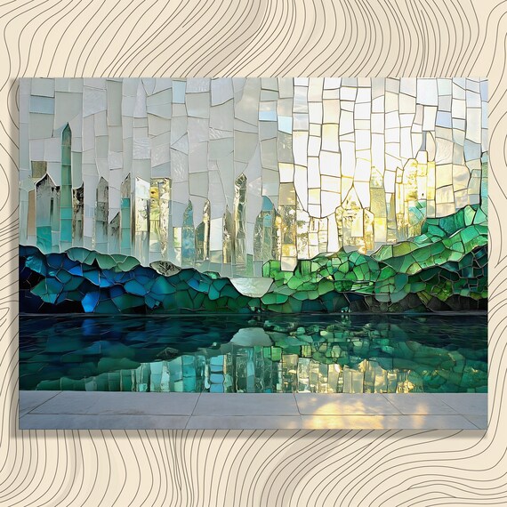Abstract Mosaic Canvas Wall Art Green Blue Cubism Decor Print Landscape Painting Gift Geometric Tile Patterned