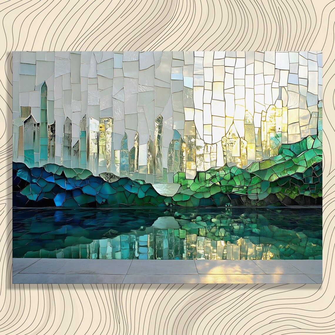 Abstract Mosaic Canvas Wall Art Green Blue Cubism Decor Print Landscape Painting Gift Geometric Tile Patterned