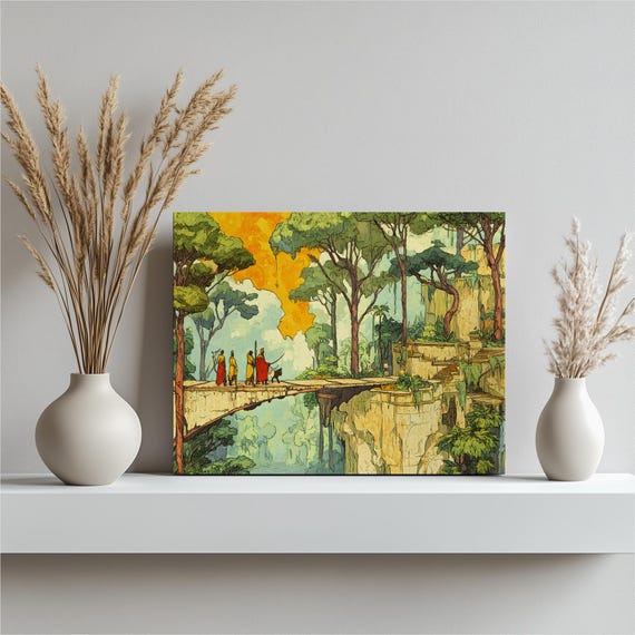 Elven Jungle Kingdom Canvas Wall Art Enchanted Stone Bridge Ruins With Royal Procession In Tropical Cliffs Fantasy Landscape Home Decor