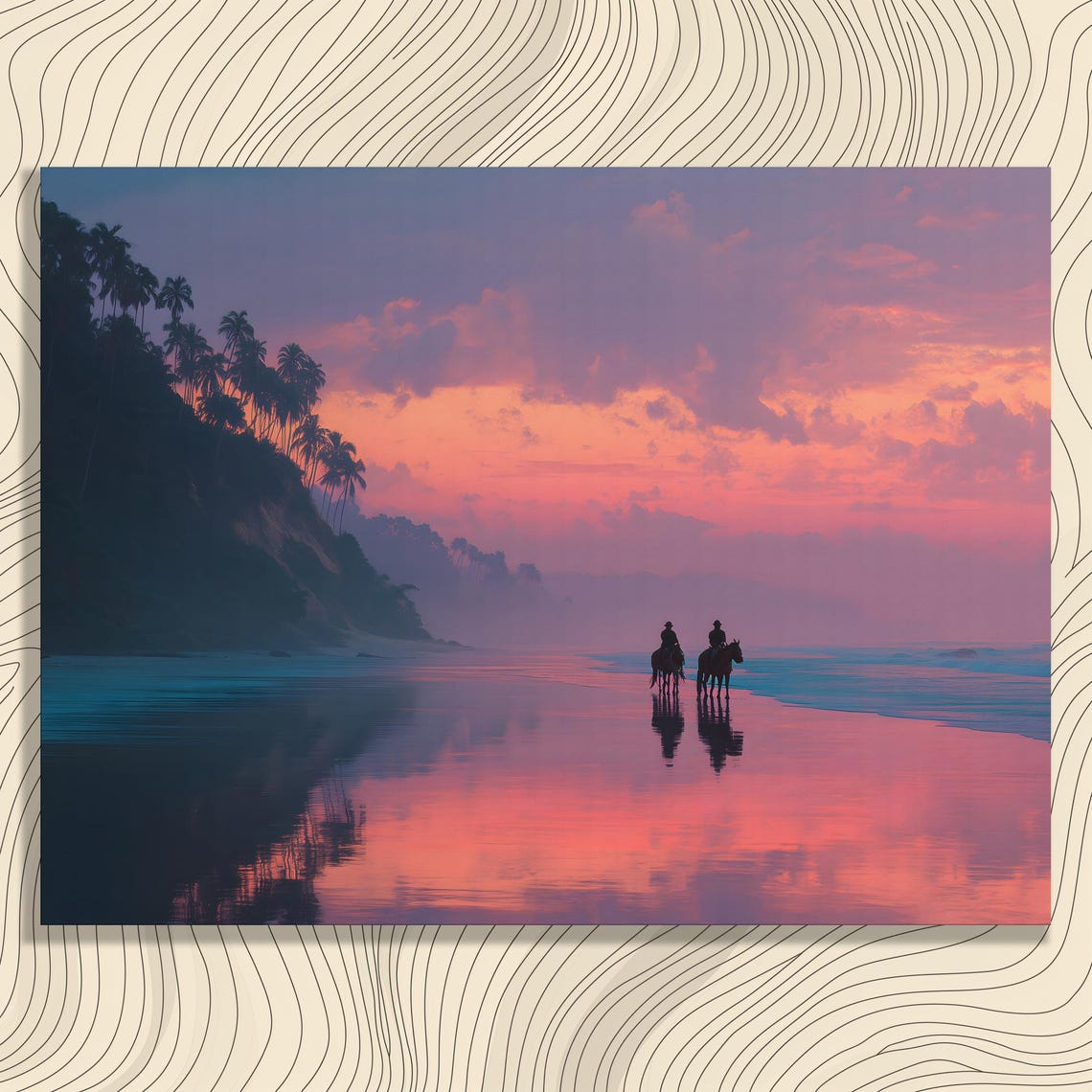 Horseback Riders on Beach at Pink Sunset Ocean Shore Art Poster