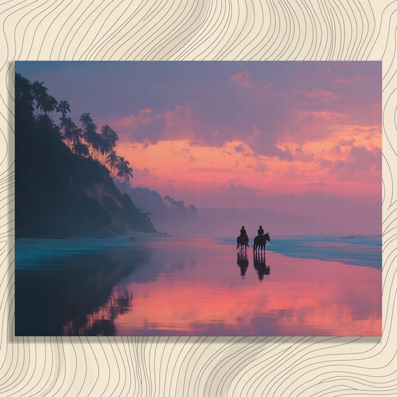 Horseback Riders on Beach at Pink Sunset Ocean Shore Art Poster