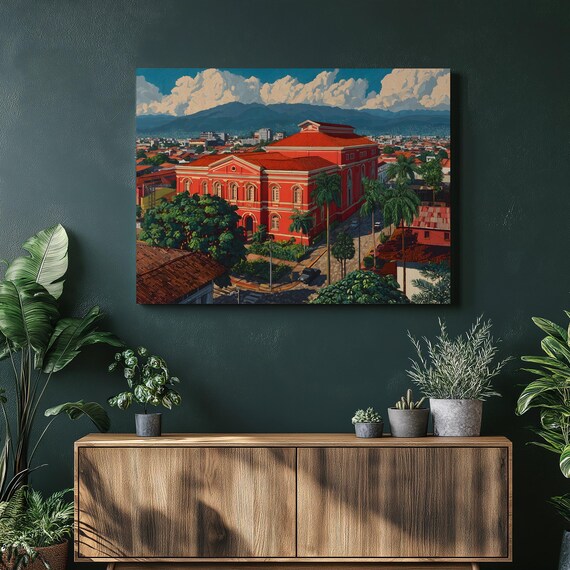 Colorful Tropical Cityscape Canvas Wall Art Colonial Building Palm Trees Mountain Landscape Print Urban Decor Painting Gift