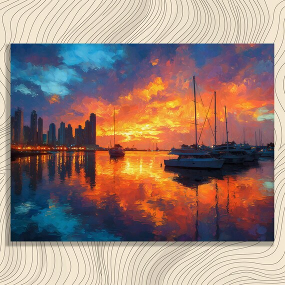 City Skyline Canvas Wall Art Harbor Sunset Painting Vibrant Reflection Decor Print Modern Cityscape Coastal Scene Colorful