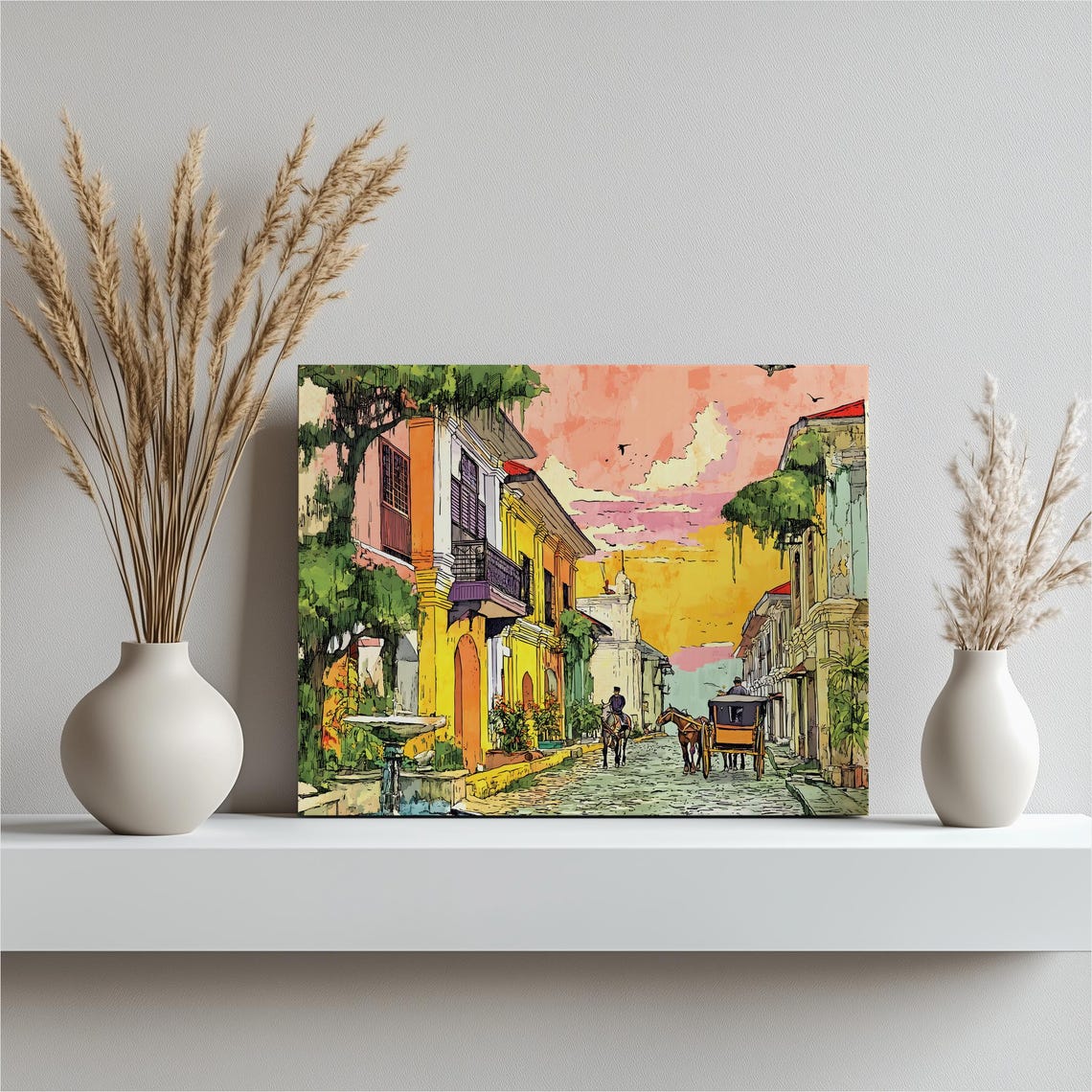 Colorful Colonial Street Horse Carriage Sunset Town Art Poster