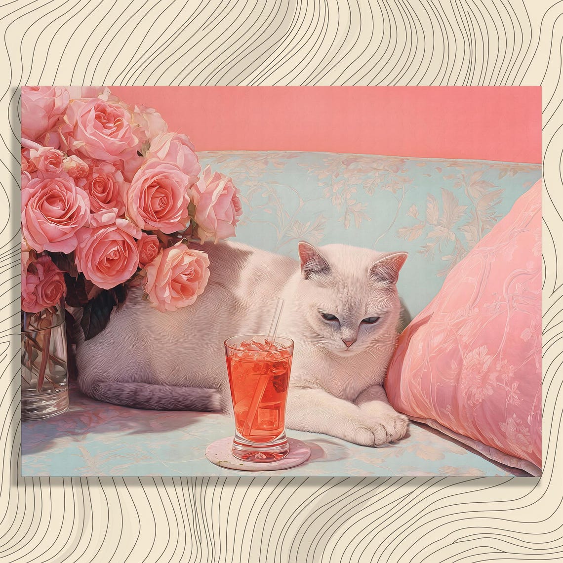 White Cat Pink Roses Iced Drink Pastel Floral Pet Portrait Poster