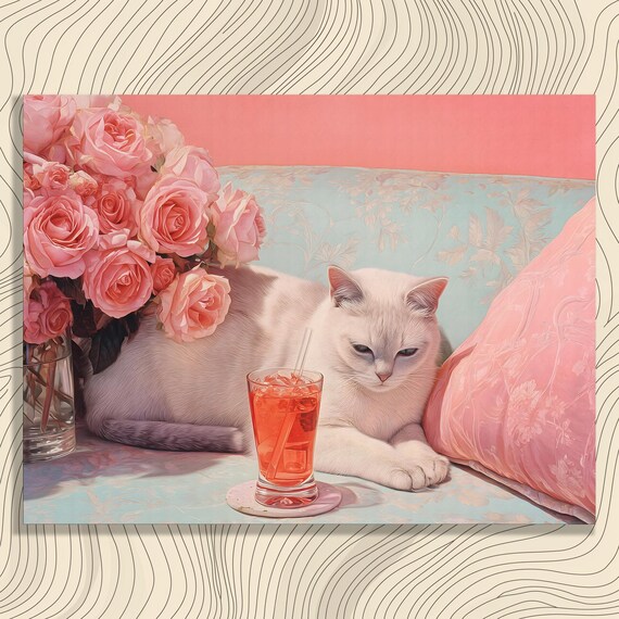 White Cat Pink Roses Iced Drink Pastel Floral Pet Portrait Poster