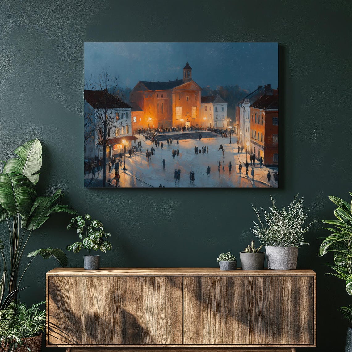 European Winter Town Square Evening Lights Cozy Cityscape Poster