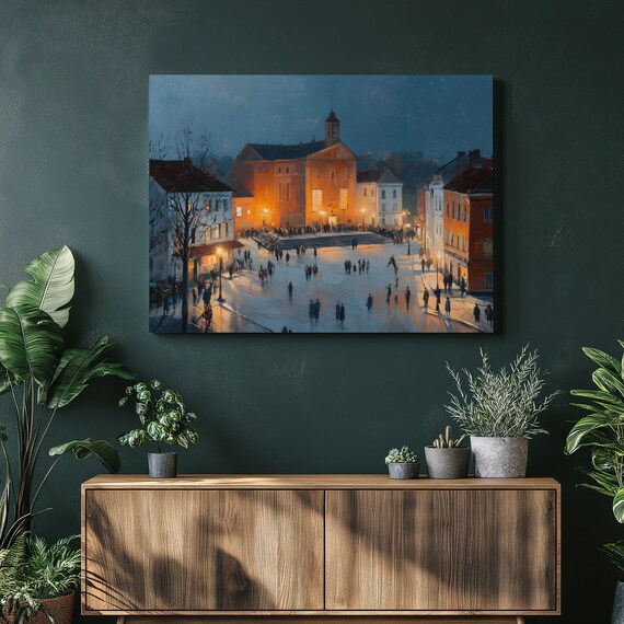 European Cityscape Canvas Wall Art Winter Town Square Evening Lights Painting Decor Gift Indoor Stationery Glow City Print