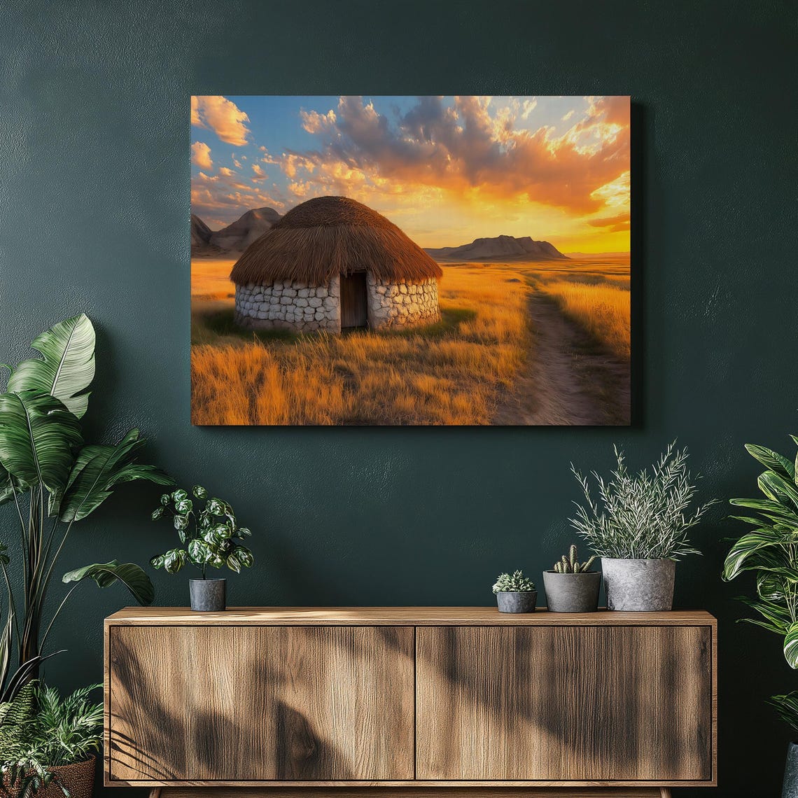 Thatched Hut Cabin Golden Steppe Sunset Rustic Landscape Wall Art