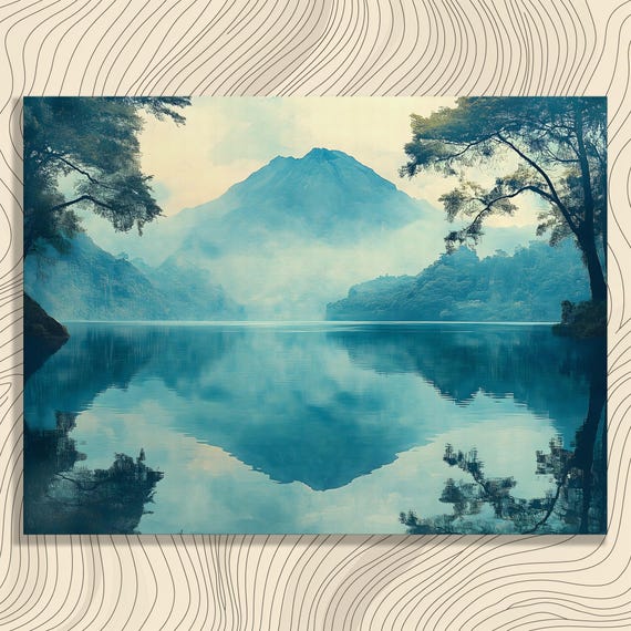 Serene Mountain Lake Canvas Wall Art Crater Watercolor Landscape Reflection Painting Tranquility Artwork Rocky
