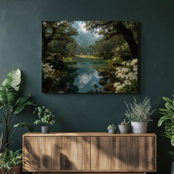 Cloud Forest Lagoon Canvas Wall Art Tranquil Reflection Lake Landscape With White Orchids Lush Green Trees Mountains Serene Scenery