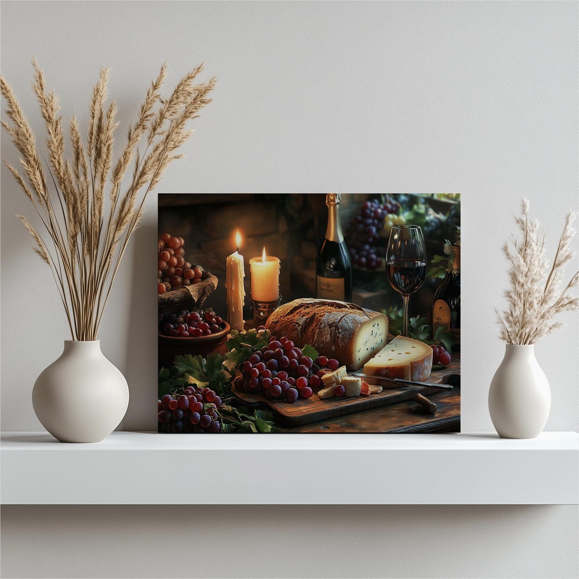 Rustic Cheese Board Wine Grapes Candlelight Still Life Art Poster