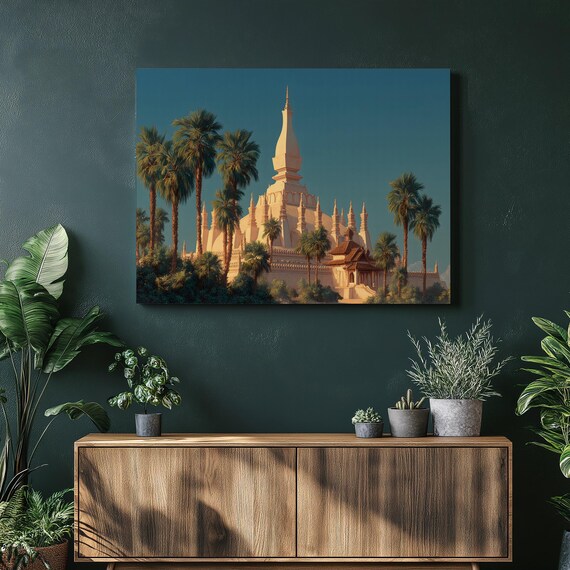 Golden Temple Tropical Canvas Wall Art Buddhist Stupa Print Southeast Asia Decor Palm Tree Landscape Cultural Landmark Travel